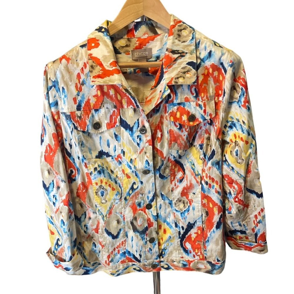 Chico's Colorful Artsy Button Up Denim Jacket Sz XL